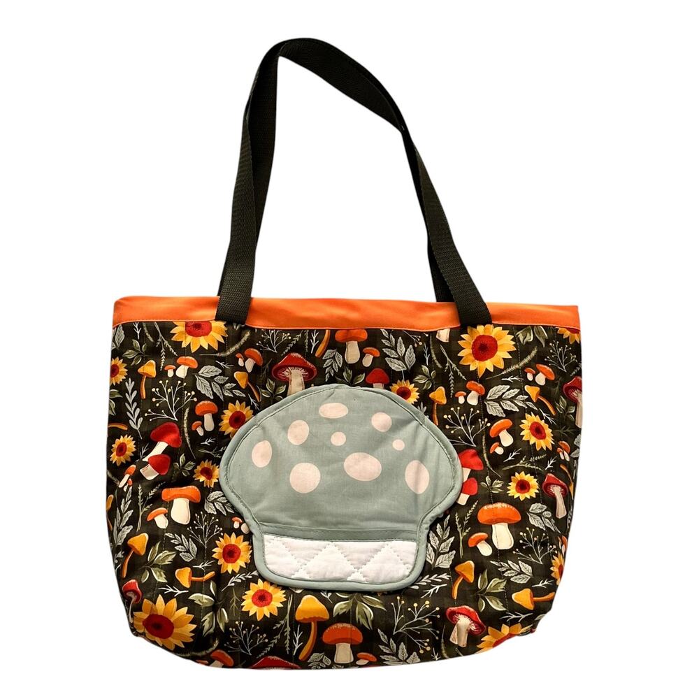 Mushrooms & Sunflowers Tote Handbag Handmade Orange Green Boho